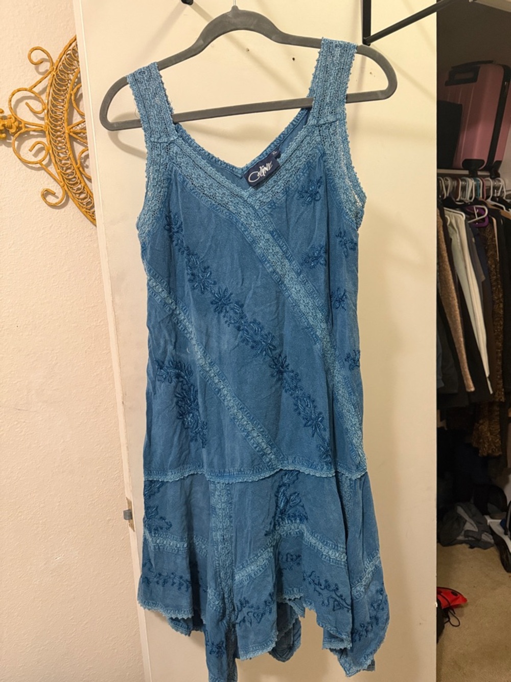 Coline Dusty Blue Embroidered Tank Midi Dress XL